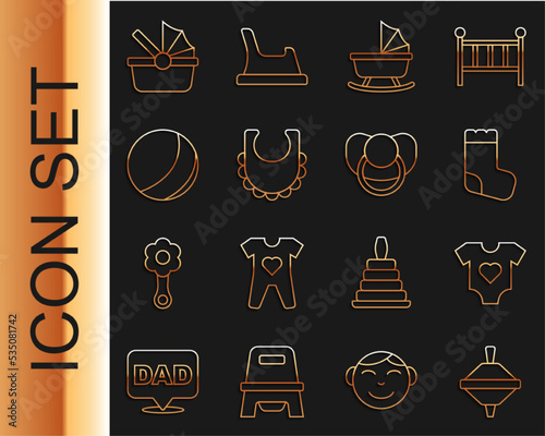 Set line Whirligig toy, Baby clothes, socks, stroller, bib, Beach ball, and dummy pacifier icon. Vector