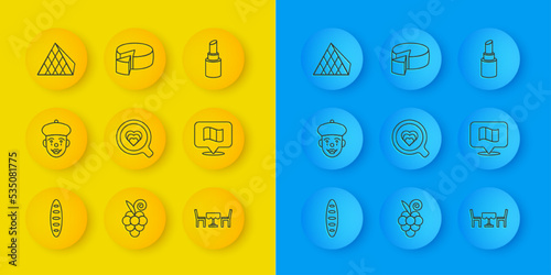 Set line French baguette bread, mime, Coffee cup, cafe, Flag France, Louvre glass pyramid, Lipstick and Cheese icon. Vector