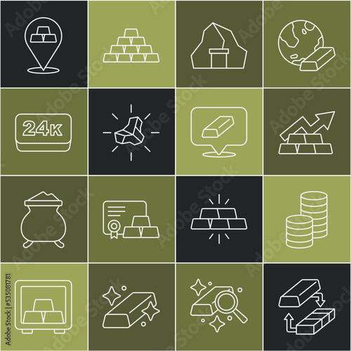 Set line Gold exchange money, coin, Growth arrow with gold bars, mine, nugget, 24k, and icon. Vector