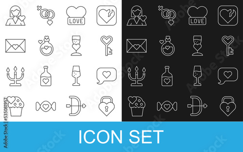 Set line Castle in the shape of heart, Heart speech bubble, Key, Bottle with love potion, Envelope Valentine, Romantic girl and Glass champagne icon. Vector