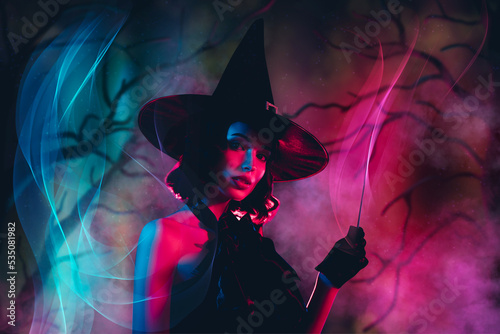 Collage magazine banner of cruel scary mysterious woman wear gothic witch dress isolated dark gradient color background