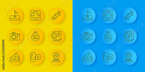 Set line Ore mining, Photo camera, Exhibition with minerals, rocks, Earth globe document, Flag, Drone and icon. Vector
