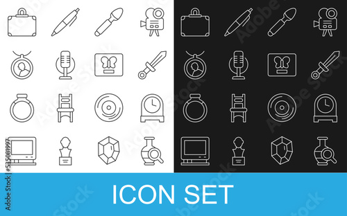 Set line Ancient amphorae, Antique clock, Medieval sword, Silver spoon, Microphone, Locket necklace, Suitcase and Butterfly in frame icon. Vector