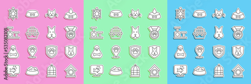 Set line Dog house, Animal health insurance, Pet award symbol, Cat, carry case, scratching post with toy, Turtle and icon. Vector