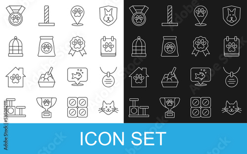 Set line Cat, Collar with name tag, Calendar grooming, Location veterinary hospital, Bag of food for pet, Cage birds, Pet award symbol and icon. Vector