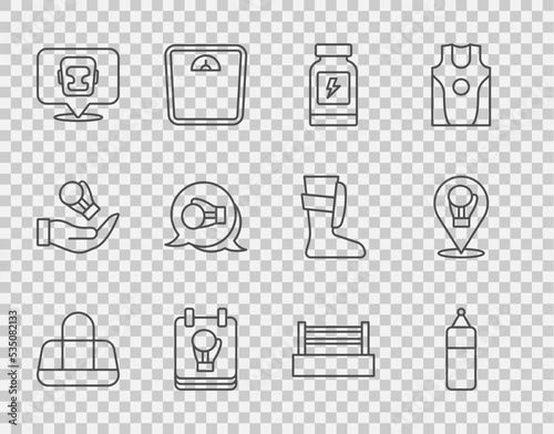 Set line Sport bag, Punching, Energy drink, Boxing glove, helmet, ring and icon. Vector