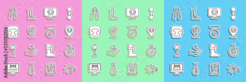 Set line Punch in boxing glove, Stopwatch, Boxing helmet, Sport expander and gong icon. Vector
