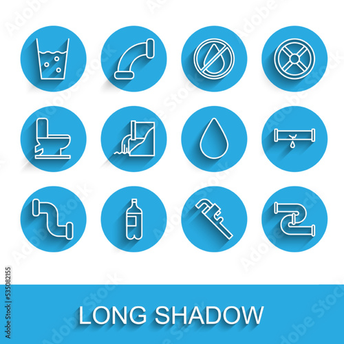 Set line Industry metallic pipe, Bottle of water, Glass with, Pipe adjustable wrench, Wastewater, Broken leaking and Water drop icon. Vector