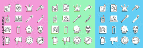 Set line No Smoking, Gas mask, Cigarette, Flasher siren, Interior fireplace, Walkie talkie, Electric wiring of socket and Fire shovel icon. Vector