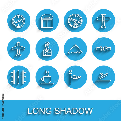 Set line Airport runway, Coffee cup, Compass, Cone meteorology windsock wind vane, Plane takeoff, Pilot, Safety belt and Jet fighter icon. Vector