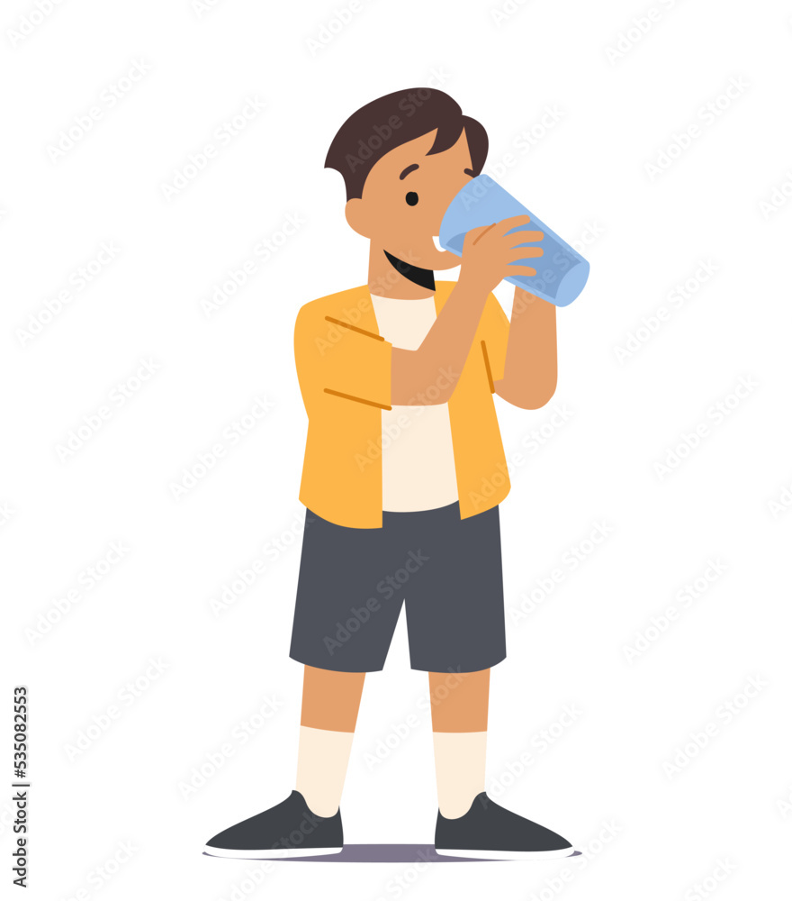 Kid Drinking Water Or Soda Drink. Little Boy Character With Cup Enjoying Fresh Aqua Or Sweet Drink, Beverage Refreshment Kid Drinking Water Or Soda Drink. Little Boy Character With Cup Enjoying Fresh Aqua Or Sweet Drink, Beverage Refreshment