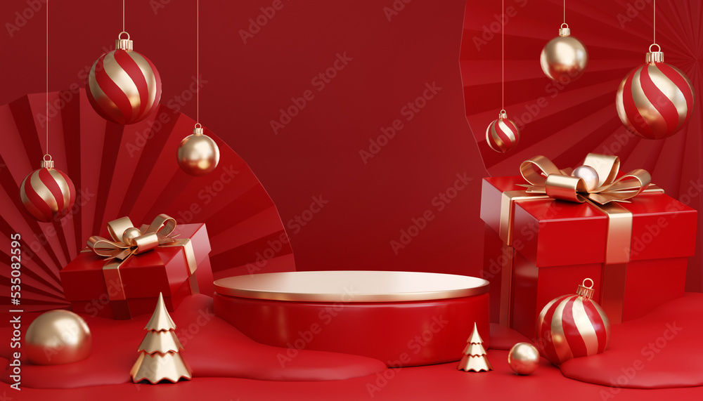 3D render cylinder podium in christmas Santa Claus and christmas tree, gift boxes, ribbon, product, perfume, promotion sale, presentation, cosmetic on background color . 3D render cylinder podium in christmas Santa Claus and christmas tree, gift boxes, ribbon, product, perfume, promotion sale, presentation, cosmetic on background color .