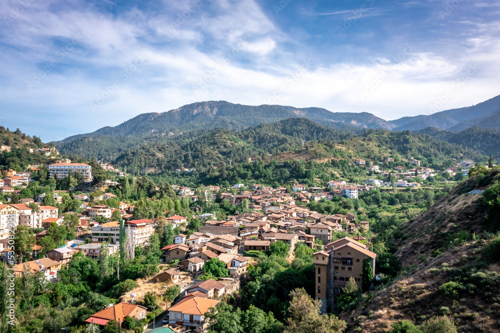 Aerial view of Kakopetria, famous picturesque village in Troodos Mountains. Cyprus.