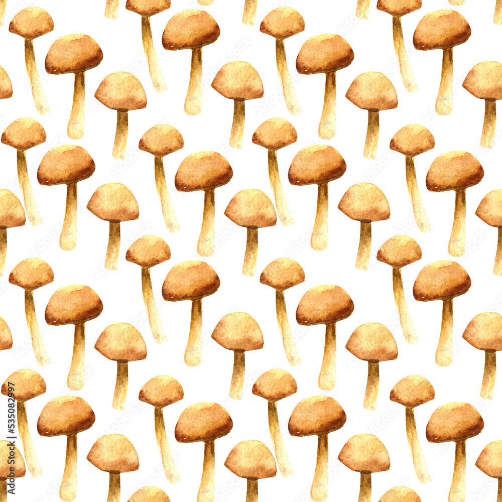 Seamless pattern cute watercolor illustration of autumn mushroom on white background. Seamless pattern cute watercolor illustration of autumn mushroom on white background.
