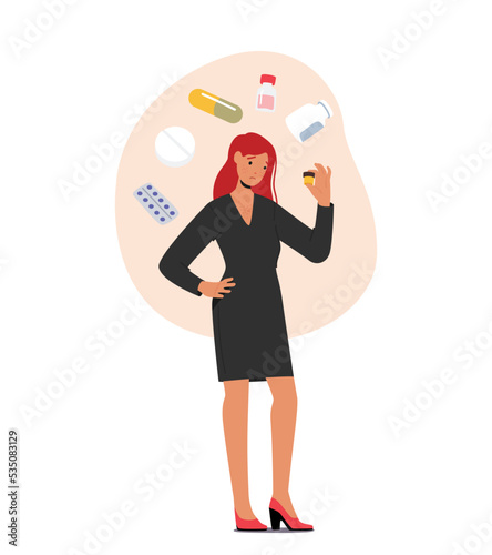 Female Character with Allergy Reaction on Medicines Isolated on White Background. Young Woman Apply Antihistamines
