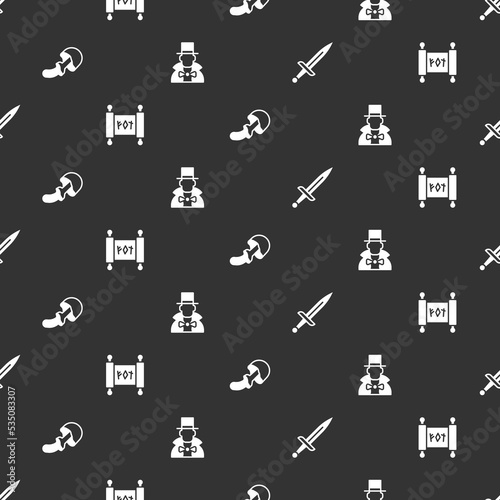 Set Dagger, Magic scroll, Psilocybin mushroom and Magician on seamless pattern. Vector