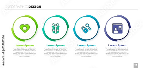 Set Good relationship, Gift box, Lock with key and Video chat conference. Business infographic template. Vector