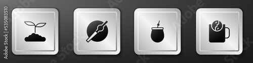 Set Tea leaf, Cigarette, Mate tea and time icon. Silver square button. Vector