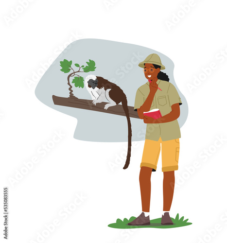 Zoo Activist Character Learn Wildlife. Zoologist Study Monkeys In Their Natural Habitat. Scientist Exploring Animals