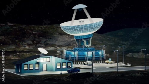 3D rendered animation. Satellite dishes or radio antennas.