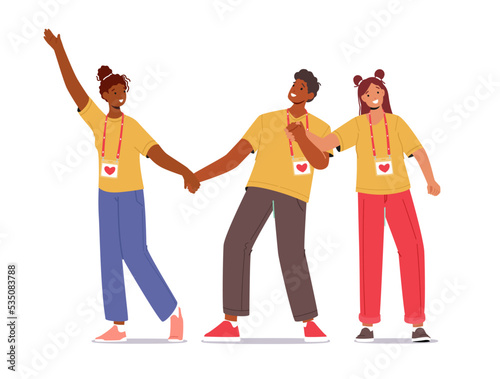 Joyful Volunteers Team Smiling With Hands Up. Happy Group Of Young Male Female Characters With Social Charity Service