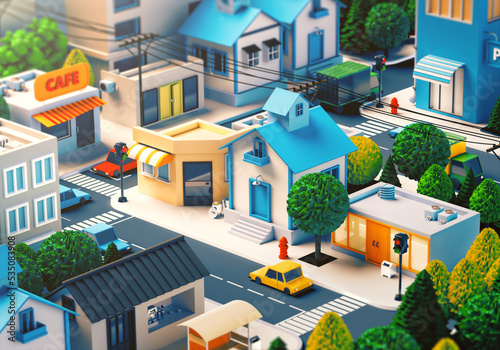 3D Rendering. Low poly city views. Cartoon Low Poly city