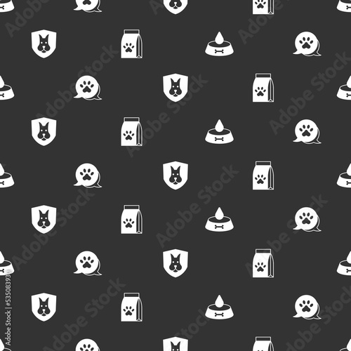 Set Pet food bowl for cat or dog, Paw print, Animal health insurance and Bag of pet on seamless pattern. Vector