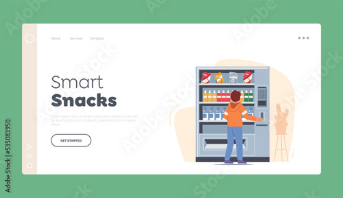 Smart Snacks Landing Page Template. Boy Put Coin For Buying Snack or Drink in School Cafeteria. Vending Machine Food