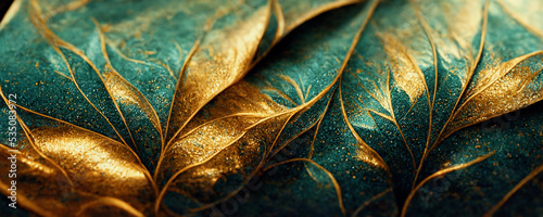 Spectacular realistic detailed veins and half green and gold abstract close-up, leaf covered with gold dust. Digital 3D illustration. Macro artwork. photo