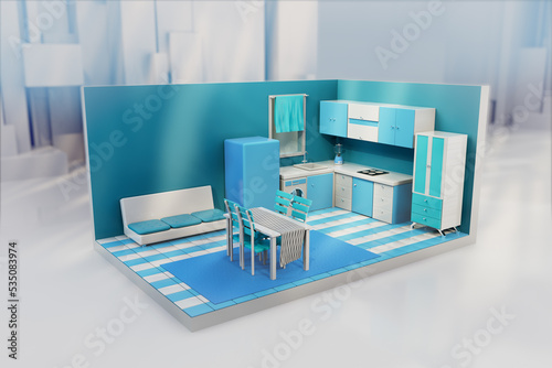 Low poly 3d render kitchen interior.
