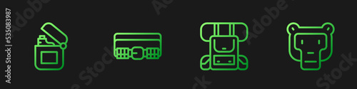 Set line Hiking backpack, Lighter, Hunting cartridge belt and Monkey. Gradient color icons. Vector