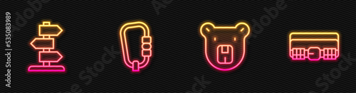 Set line Bear head, Road traffic sign, Carabiner and Hunting cartridge belt. Glowing neon icon. Vector