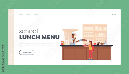 School Lunch Menu Landing Page Template. Girl Pupil Eating In School Canteen Or Cafe. Child Character Stand At Counter