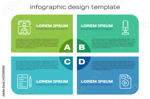 Set line Scenario, Gimbal stabilizer with camera, AVI file document and Microphone. Business infographic template. Vector