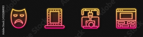 Set line Gimbal stabilizer with camera, Drama theatrical mask, Makeup mirror lights and Video recorder on laptop. Glowing neon icon. Vector