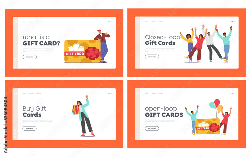 Happy People Shopping with Gift Card Landing Page Template Set. Male and Female Characters Buying Things and Presents