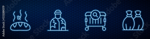 Set line Searching for food, Donation, Homeless and Garbage bag. Glowing neon icon on brick wall. Vector