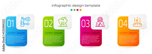 Set line Reception of glass bottles, Ruined house, Tourist tent and Donation food. Business infographic template. Vector