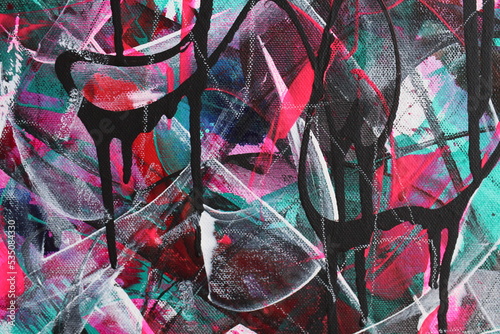 Black drippy lines bend and flow through a chaotic abstract background.