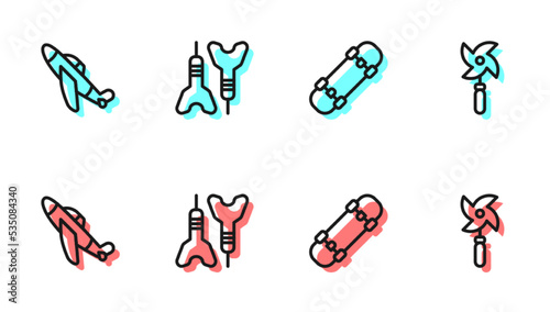 Set line Skateboard, Toy plane, Dart arrow and Pinwheel toy icon. Vector