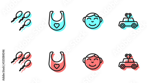 Set line Little boy head, Sperm, Baby bib and Toy car icon. Vector