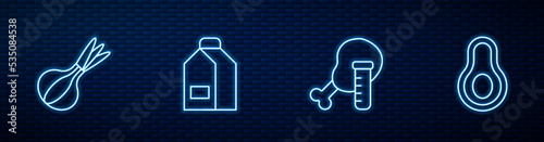 Set line Genetically modified chicken, Onion, Paper package for milk and Avocado fruit. Glowing neon icon on brick wall. Vector
