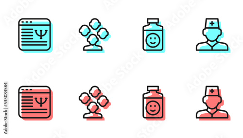 Set line Antidepressants, Online psychological counseling, Schizophrenia and Male doctor icon. Vector