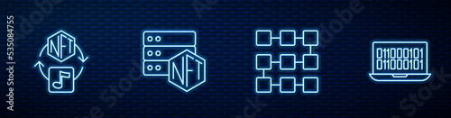 Set line NFT blockchain technology, Digital crypto art, and Binary code. Glowing neon icon on brick wall. Vector