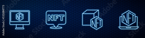 Set line NFT Digital crypto art, Monitor with store app, and Laptop. Glowing neon icon on brick wall. Vector