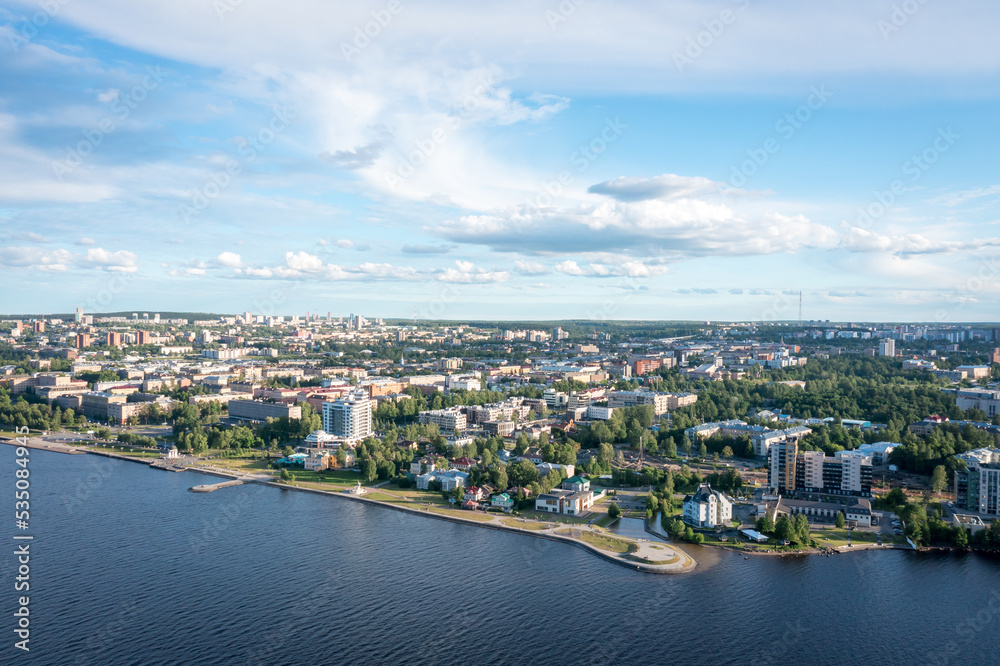 Aerial panorama of the embankment of Petrozavodsk., Russia, the administrative center of Republic of Karelia. Sunset on Lake Onega