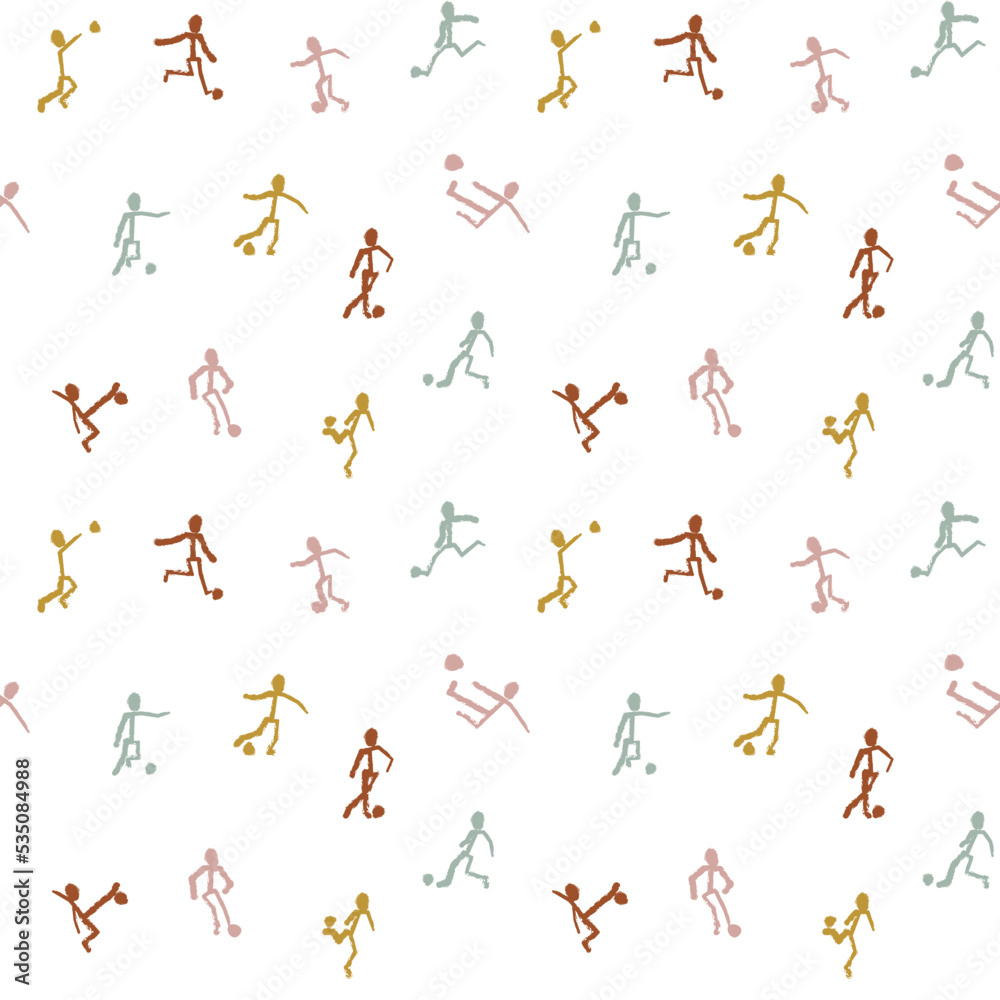 Hand drawn soccer player seamless pattern. Colorful football player silhouette on white background. Vector illustration.