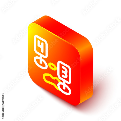 Isometric line Marker of crime scene icon isolated on white background. Orange square button. Vector