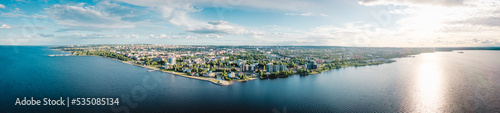 Aerial panorama of the embankment of Petrozavodsk.  Russia  the administrative center of Republic of Karelia. Sunset on Lake Onega