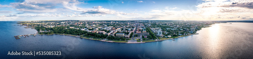 Aerial panorama of the embankment of Petrozavodsk., Russia, the administrative center of Republic of Karelia. Sunset on Lake Onega photo